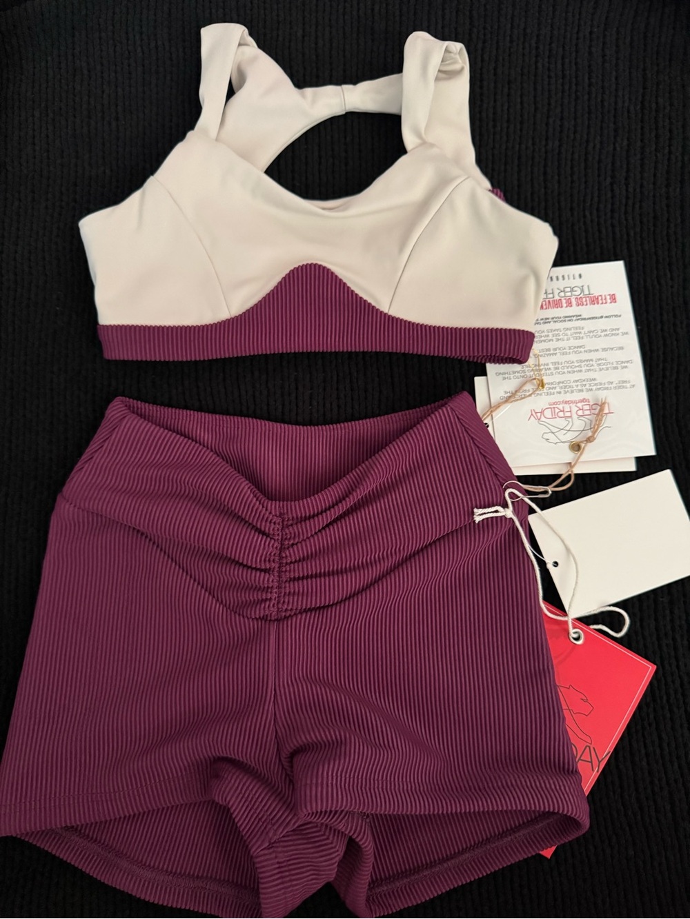 Tiger Friday CS. Two-Piece Active Set — Cream & Deep Plum Sports Bra and Shorts